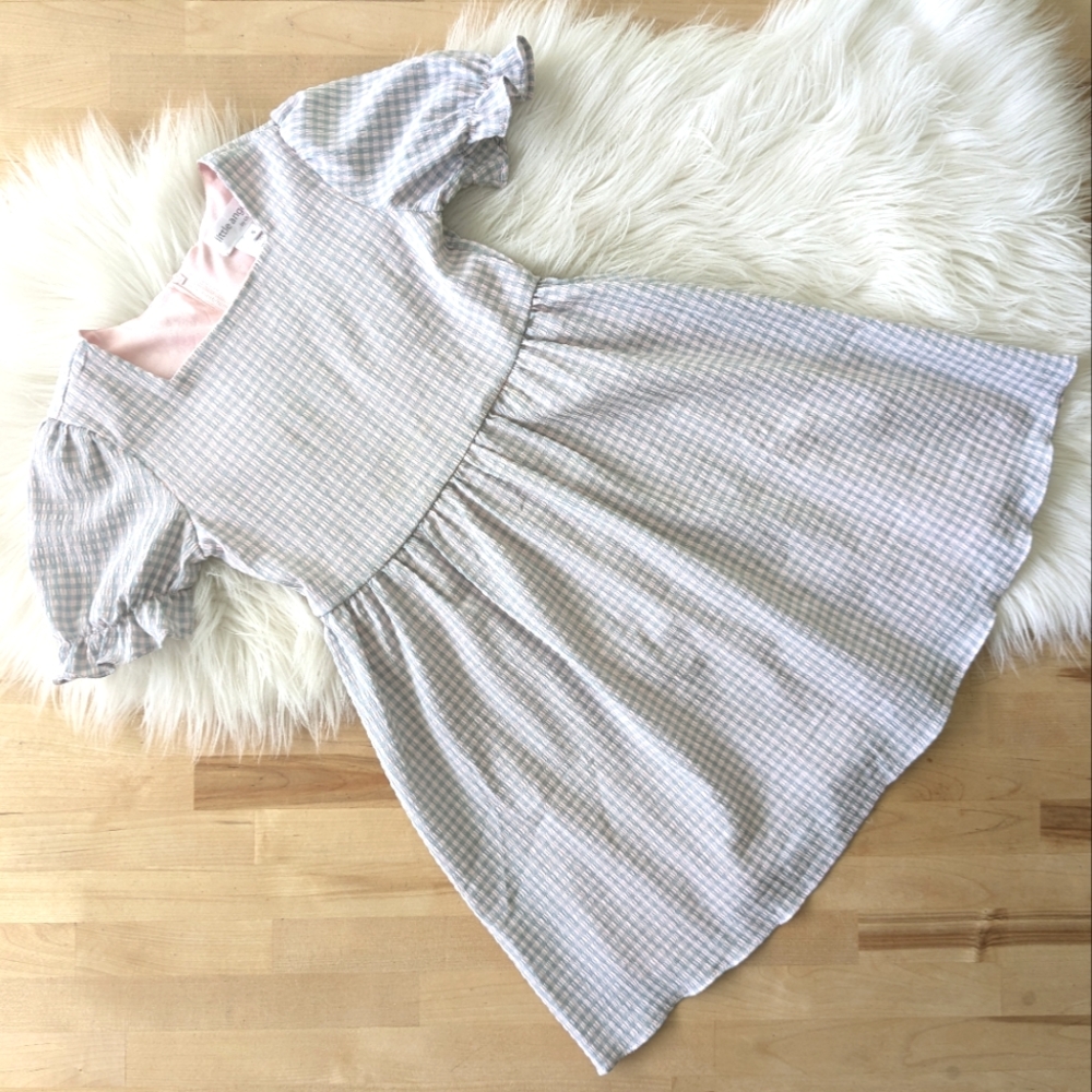 {Us Angels} Baby Blue And Pink Seersucker Puff Sleeve Sundress